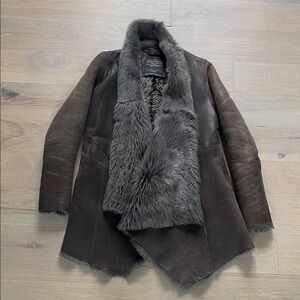 All Saints Black Leather Jacket with Gray Fur Trim